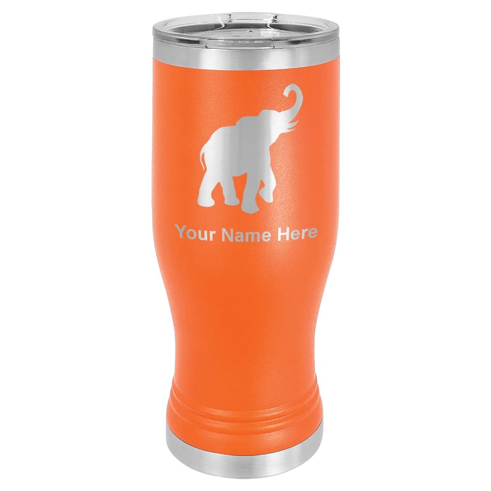 LaserGram 14oz Vacuum Insulated Pilsner Mug, Indian Elephant, Personalized Engraving Included (Orange)