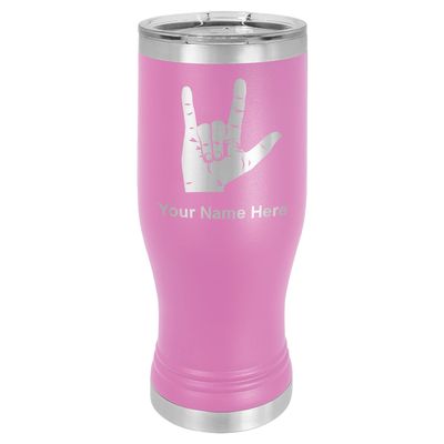 LaserGram 14oz Vacuum Insulated Pilsner Mug, Sign Language I Love You, Personalized Engraving Included (Light Purple)