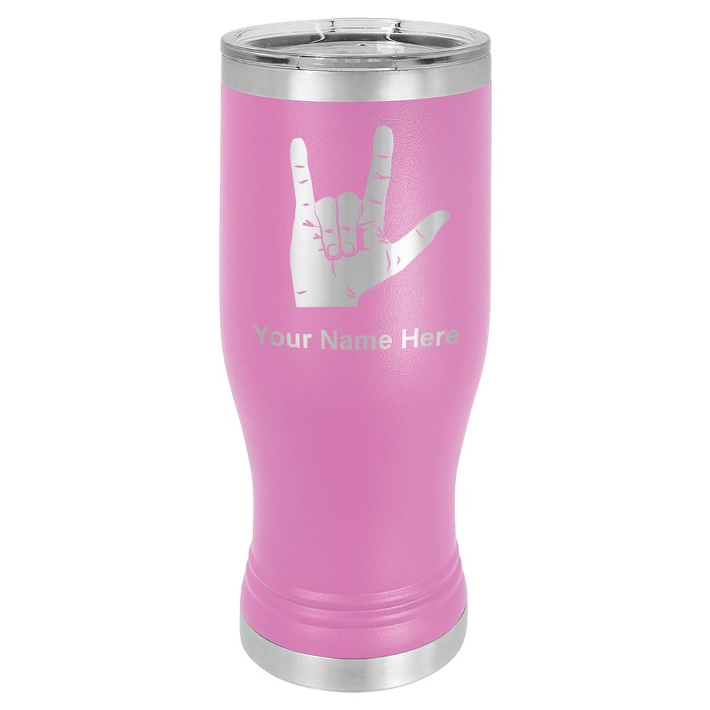 LaserGram 14oz Vacuum Insulated Pilsner Mug, Sign Language I Love You, Personalized Engraving Included (Light Purple)