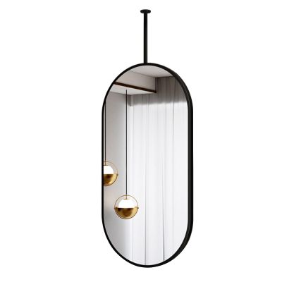 Antourlamm Entrance Simple Decorative Mirror, Floating Vanity Mirror, Large Oval Hanging Rod Mirror for Ceiling-Mounted, Black Metal Frame Creative Mirror for Living Room Hallway (Size : 40cmx70cm)