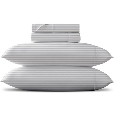 TEXAS LINEN CO. Luxury Egyptian Cotton King Stripe Sheet Set, 600 Thread Count Extra Long Staple 4 PC Set, King White Damask Sheets, Soft, Cooling Sateen Weave Sheets Upto 18 in Deep Pocket