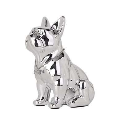 9in French Bulldog Statue, Bulldog Sculpture Decor, Resin Dog Animal Sculpture with Silver Necklace Animal Statues for Home Decor for Room, TV Stand, Bedroom, Shelves, and Desktop (9in,Silver)