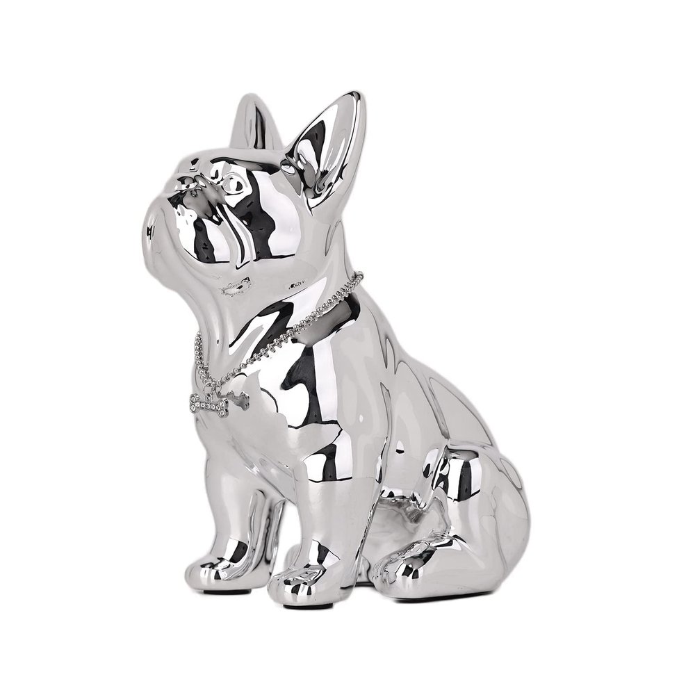 9in French Bulldog Statue, Bulldog Sculpture Decor, Resin Dog Animal Sculpture with Silver Necklace Animal Statues for Home Decor for Room, TV Stand, Bedroom, Shelves, and Desktop (9in,Silver)