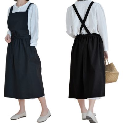 NEWGEM Waterproof Cross Back Apron for Women with Pockets - Soft Cotton Linen Japanese Pinafore - Farmhouse Style Kitchen Smock for Cooking, Gardening, Painting Black