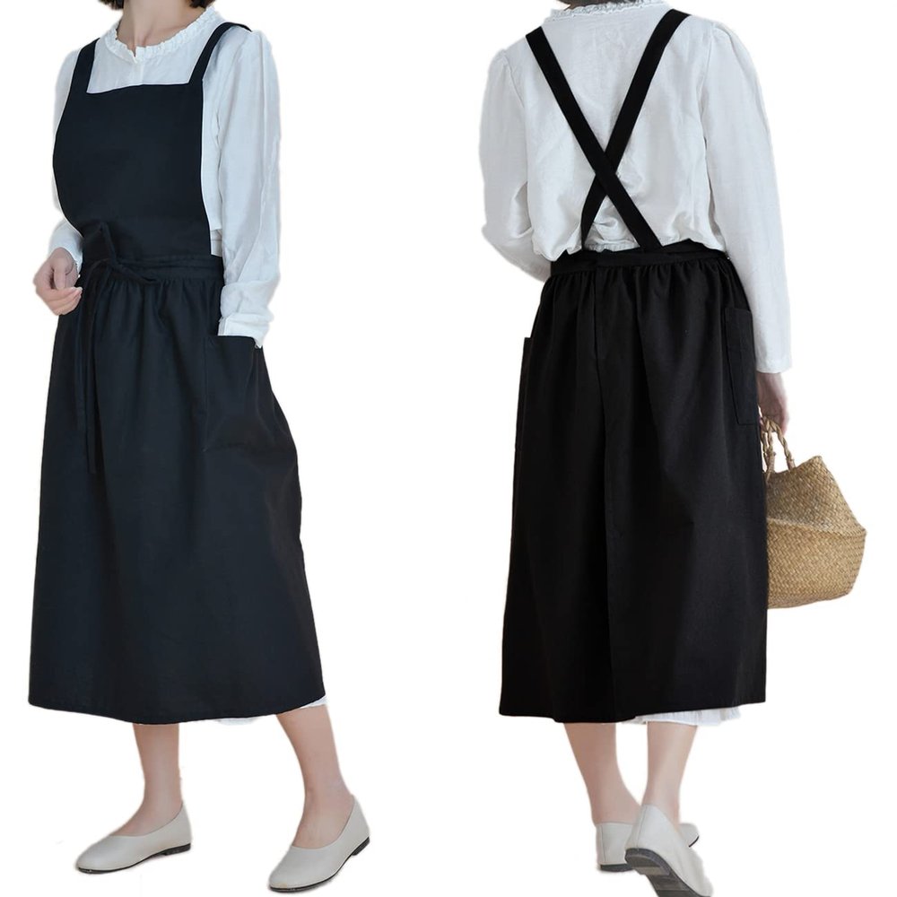 NEWGEM Waterproof Cross Back Apron for Women with Pockets - Soft Cotton Linen Japanese Pinafore - Farmhouse Style Kitchen Smock for Cooking, Gardening, Painting Black