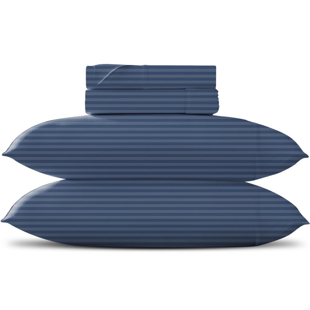 TEXAS LINEN CO. Luxury Egyptian Cotton King Stripe Sheet Set, 600 Thread Count Extra Long Staple 4 PC Set, King Blue Damask Sheets, Soft, Cooling Sateen Weave Sheets Upto 18 in Deep Pocket