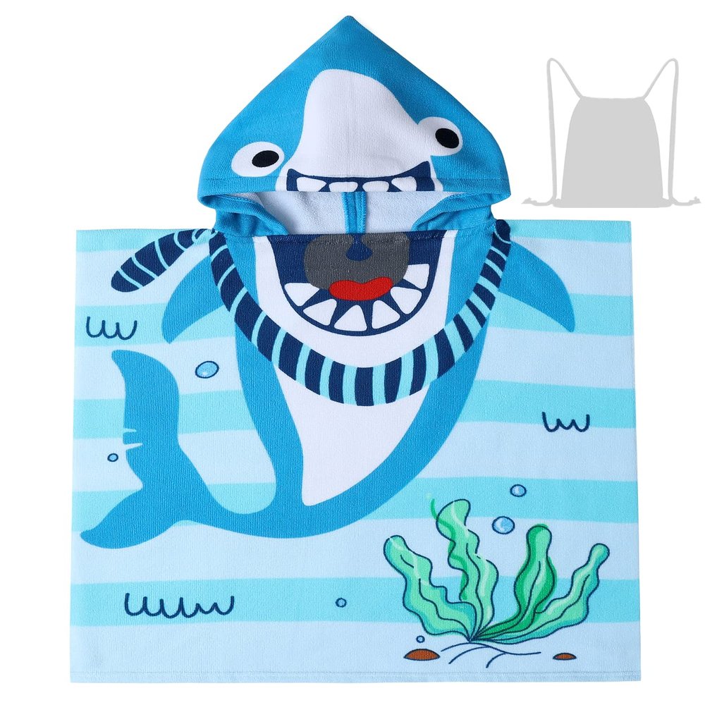 Athaelay Kids Beach Towels with Hood Toddlers Hooded Towel Poncho Swim Cover-ups with Storage Bag, Blue Shark