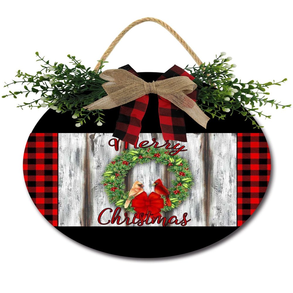Christmas Wreath Sign Front for Door Decoration, 12 in Round Wood Wreaths Wall Hanging Outdoor, Farmhouse, Porch, for Spring Summer Fall All Seasons Holiday Christmas