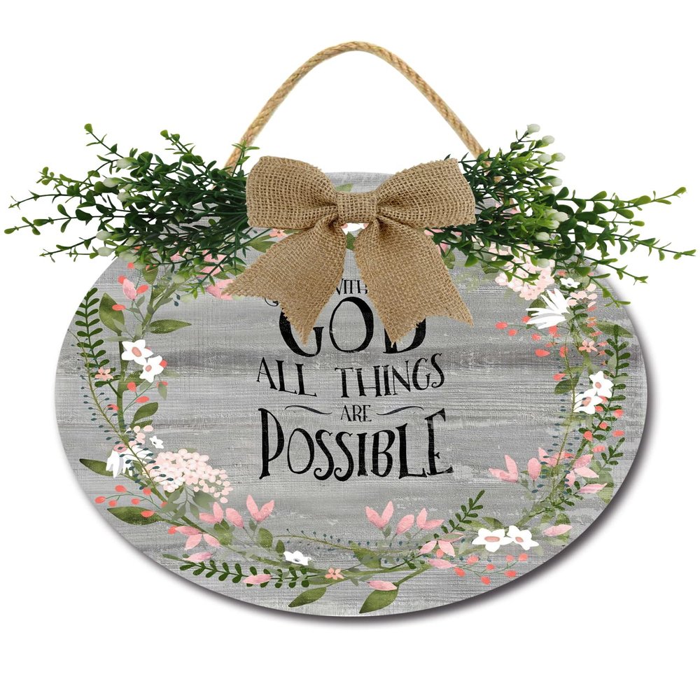All Things Possible Sign Front for Door Decoration, 12 in Round Wood Wreaths Wall Hanging Outdoor, Farmhouse, Porch, for Spring Summer Fall All Seasons Holiday Christmas