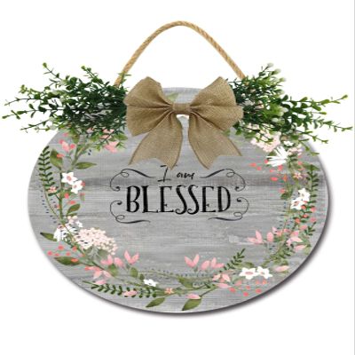 I Am Blessed Sign Front for Door Decoration, 12 in Round Wood Wreaths Wall Hanging Outdoor, Farmhouse, Porch, for Spring Summer Fall All Seasons Holiday Christmas
