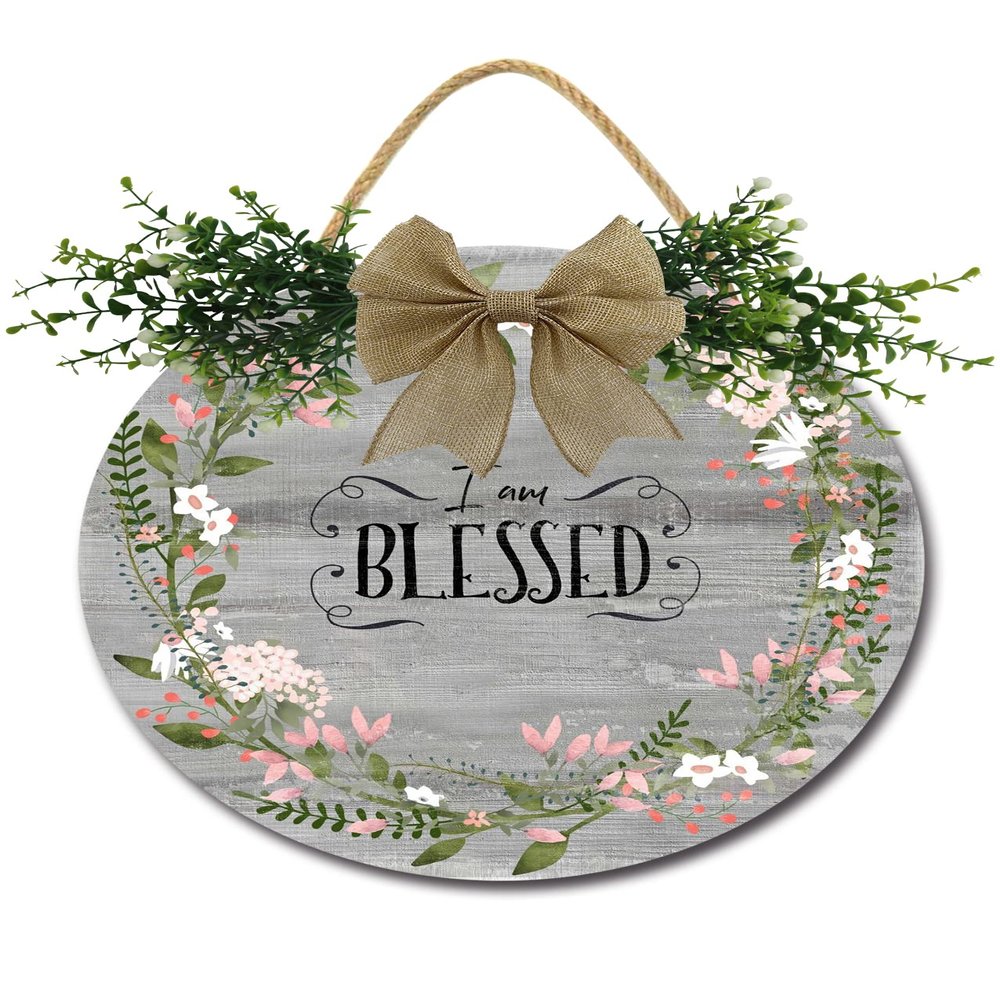 I Am Blessed Sign Front for Door Decoration, 12 in Round Wood Wreaths Wall Hanging Outdoor, Farmhouse, Porch, for Spring Summer Fall All Seasons Holiday Christmas