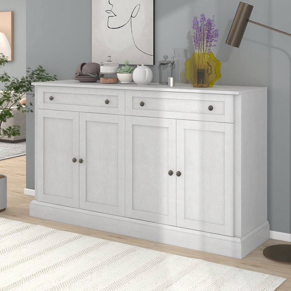 Yoluckea Antique White Wood Buffet Sideboard 58" Large Kitchen Storage Cabinet Cupboard with 2 Drawers and 4 Doors Classic Sideboard Cabinet Accent Entryway Console Table for Living Room Dining Room