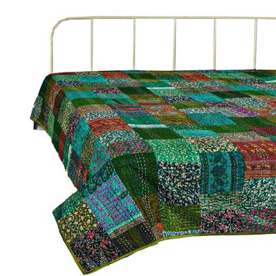 Bohemian Patchwork Kantha Quilt, Boho King Size Bedding Throw Blanket, Patola Silk Patch Work Kantha Quilt, Handmade Kantha Bedcover (Green, 108"x 108" Inch)