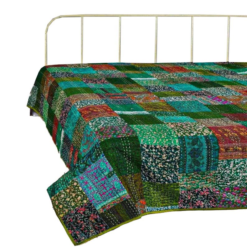 Bohemian Patchwork Kantha Quilt, Boho King Size Bedding Throw Blanket, Patola Silk Patch Work Kantha Quilt, Handmade Kantha Bedcover (Green, 108"x 108" Inch)