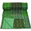 Bohemian Patchwork Kantha Quilt, Boho King Size Bedding Throw Blanket, Patola Silk Patch Work Kantha Quilt, Handmade Kantha Bedcover (Green, 108"x 108" Inch) view 3