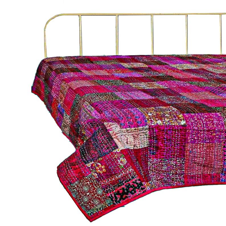 Bohemian Patchwork Kantha Quilt, Boho King Size Bedding Throw Blanket, Patola Silk Patch Work Kantha Quilt, Handmade Kantha Bedcover (Purple, 108"x 108" Inch)