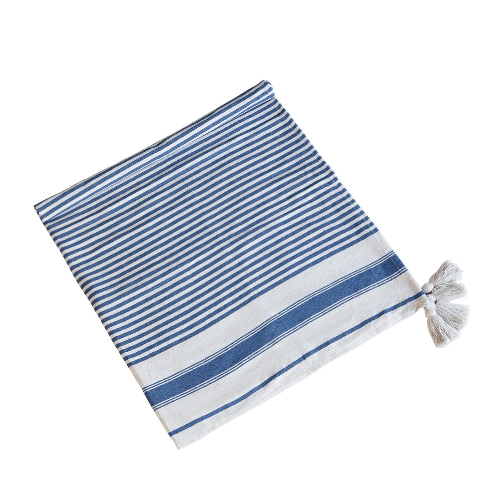 A&B Home Throw Blanket - Blue and White Stripe Woven Cotton Blend Blanket for Couch Sofa Chair Bed Office Living Room, 50" x 60"