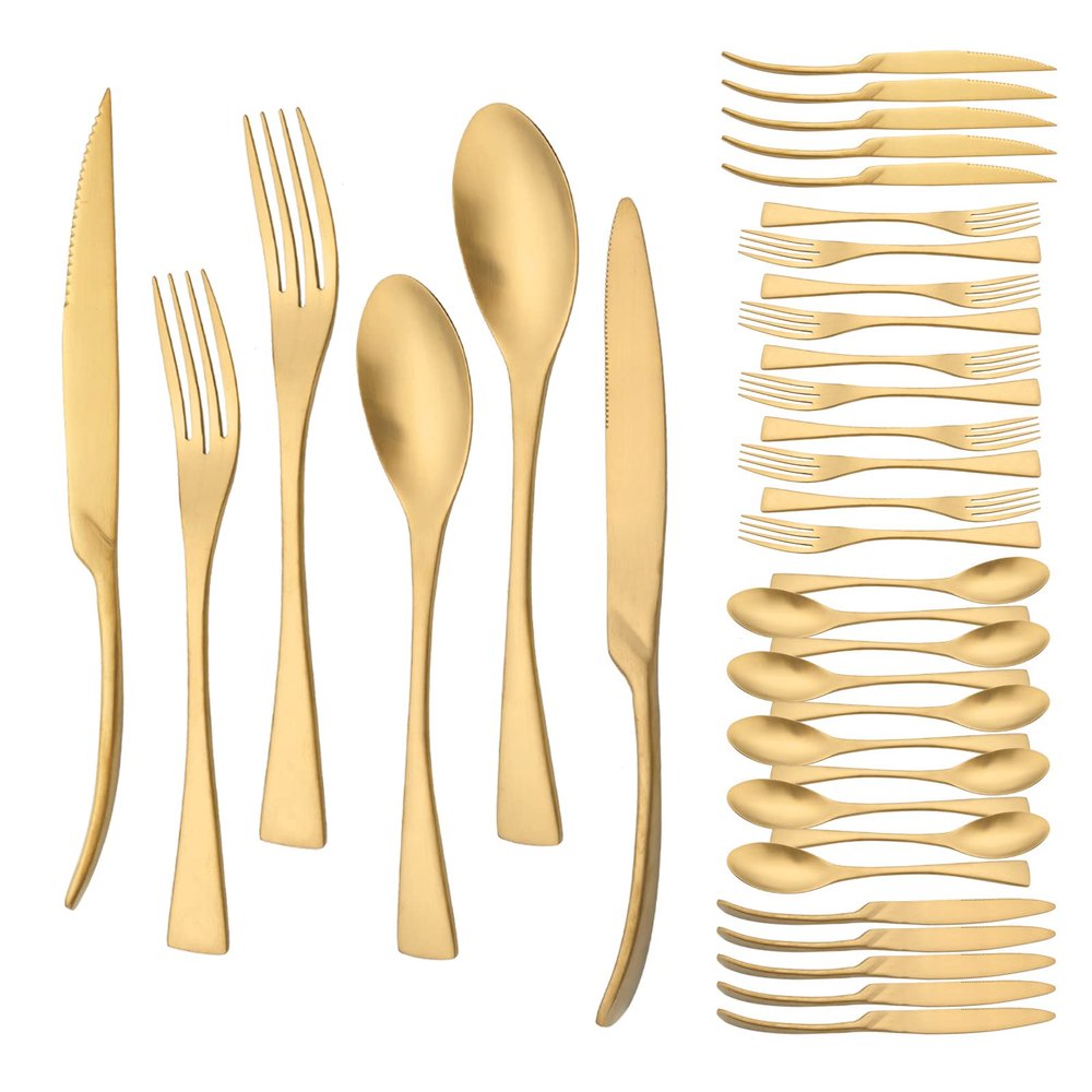 36 Pieces Flatware Set for 6 / Matte Silverware Set / 304 Stainless Steel Cutlery Set with Steak Knife/Tableware Eating Utensils for Home Hotel Restaurant/Dishwasher Safe/Brushed Gold