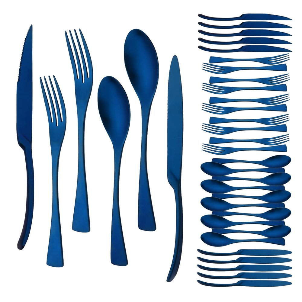 36 Pieces Flatware Set for 6 / Matte Silverware Set / 304 Stainless Steel Cutlery Set with Steak Knife/Tableware Eating Utensils for Home Hotel Restaurant/Dishwasher Safe/Brushed Blue