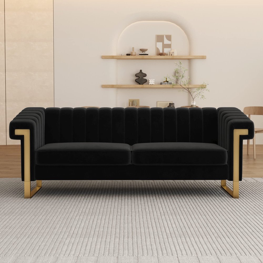 ANTTYBALE 83'' Velvet Couch Sofa Mid-Century Modern Love Seat Chesterfield 3 Seat Couches Sofa for Living Room Apartment (Black)