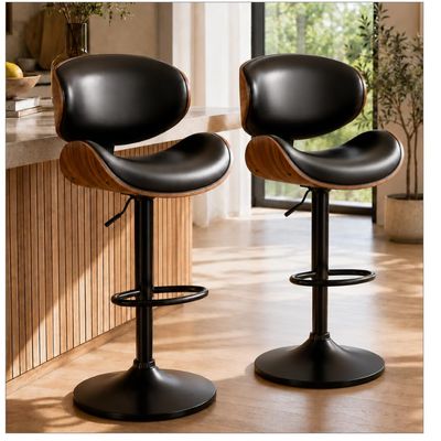 YaFiti Swivel Bar Stools Set of 2 for Kitchen Counter, Adjustable Bentwood Barstools, Modern PU Leather Upholstered Bar Chair with Back and Footrest, for Bar, Kitchen, Dining Room, Black
