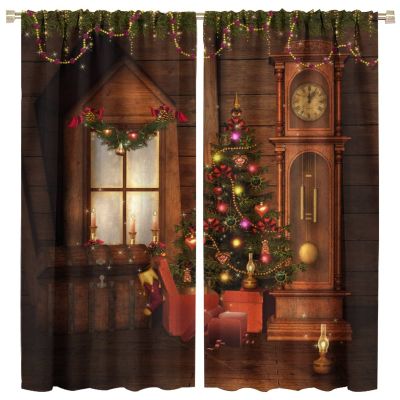 Retro Christmas Curtains,Winter Christmas Tree Gift Box Colorful Lights Printed Blackout Curtains Bedroom Living Room Kitchen 42x45 Inch