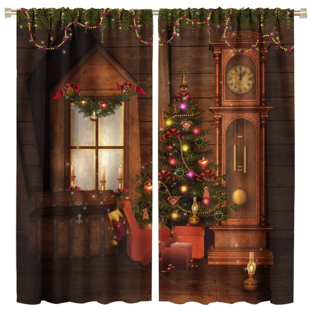 Retro Christmas Curtains,Winter Christmas Tree Gift Box Colorful Lights Printed Blackout Curtains Bedroom Living Room Kitchen 42x45 Inch