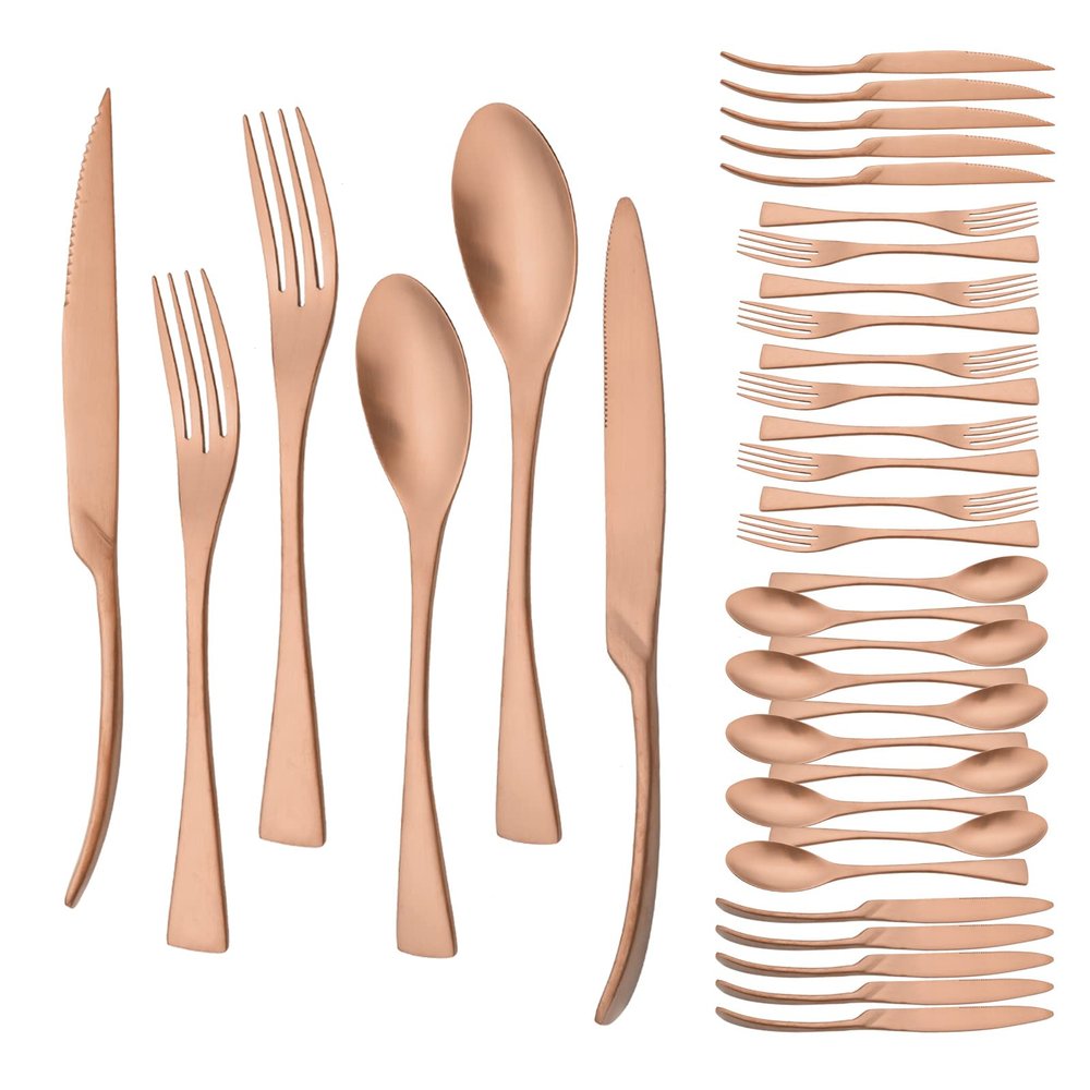 36 Pieces Flatware Set for 6 / Matte Silverware Set / 304 Stainless Steel Cutlery Set with Steak Knife/Tableware Eating Utensils for Home Hotel Restaurant/Dishwasher Safe/Brushed Rose Gold