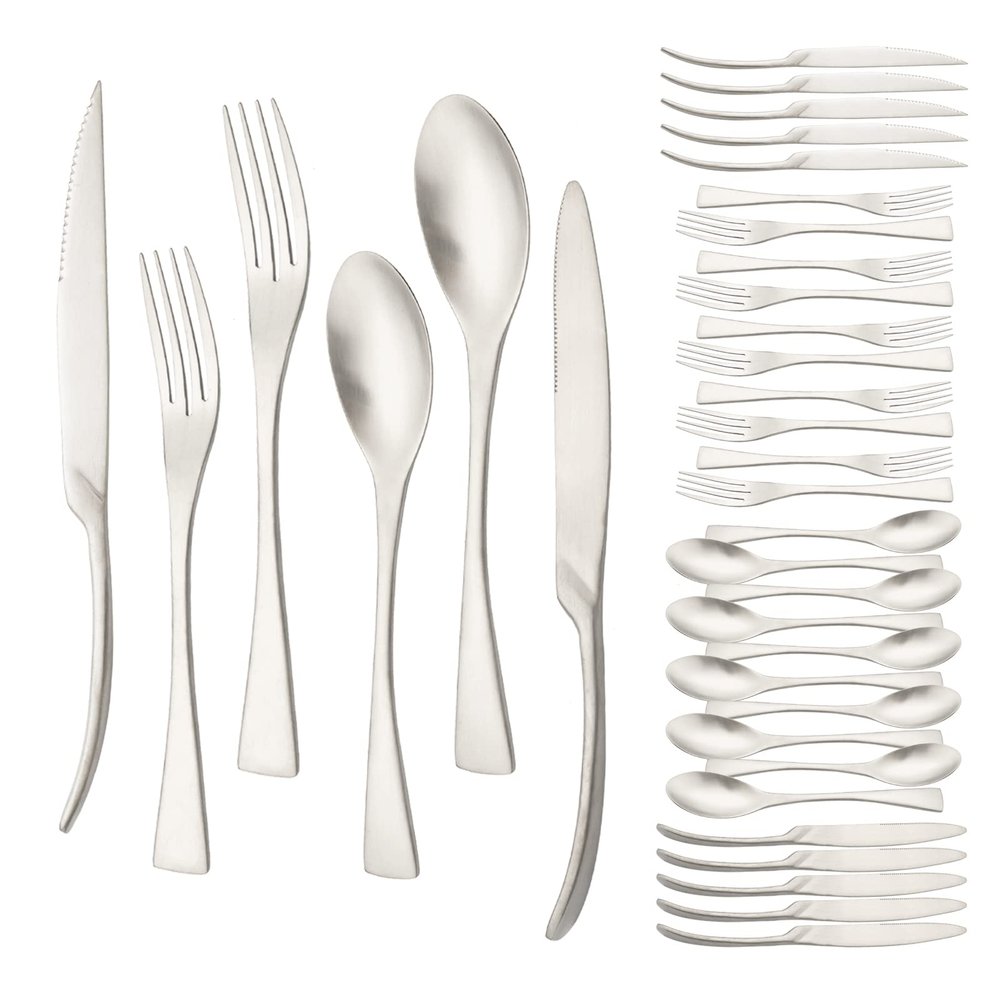 36 Pieces Flatware Set for 6 / Matte Silverware Set / 304 Stainless Steel Cutlery Set with Steak Knife/Tableware Eating Utensils for Home Hotel Restaurant/Dishwasher Safe/Brushed Silver