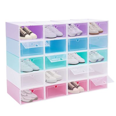 WDZCZDoo 20 PCS Shoe Storage Boxes,Clear Plastic Colorful Shoebox Stackable Shoe Organizer Foldable Display Box Container Closet Shelf Display Case Ventilation