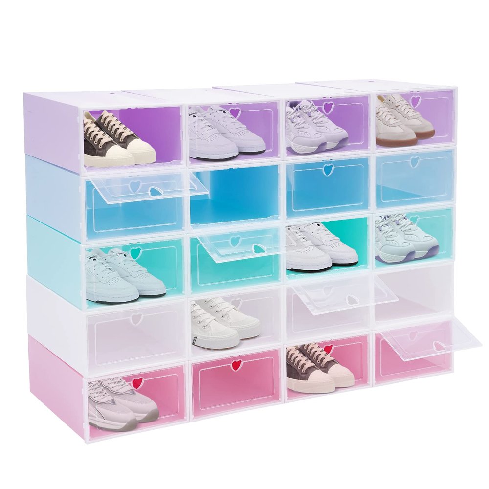 WDZCZDoo 20 PCS Shoe Storage Boxes,Clear Plastic Colorful Shoebox Stackable Shoe Organizer Foldable Display Box Container Closet Shelf Display Case Ventilation