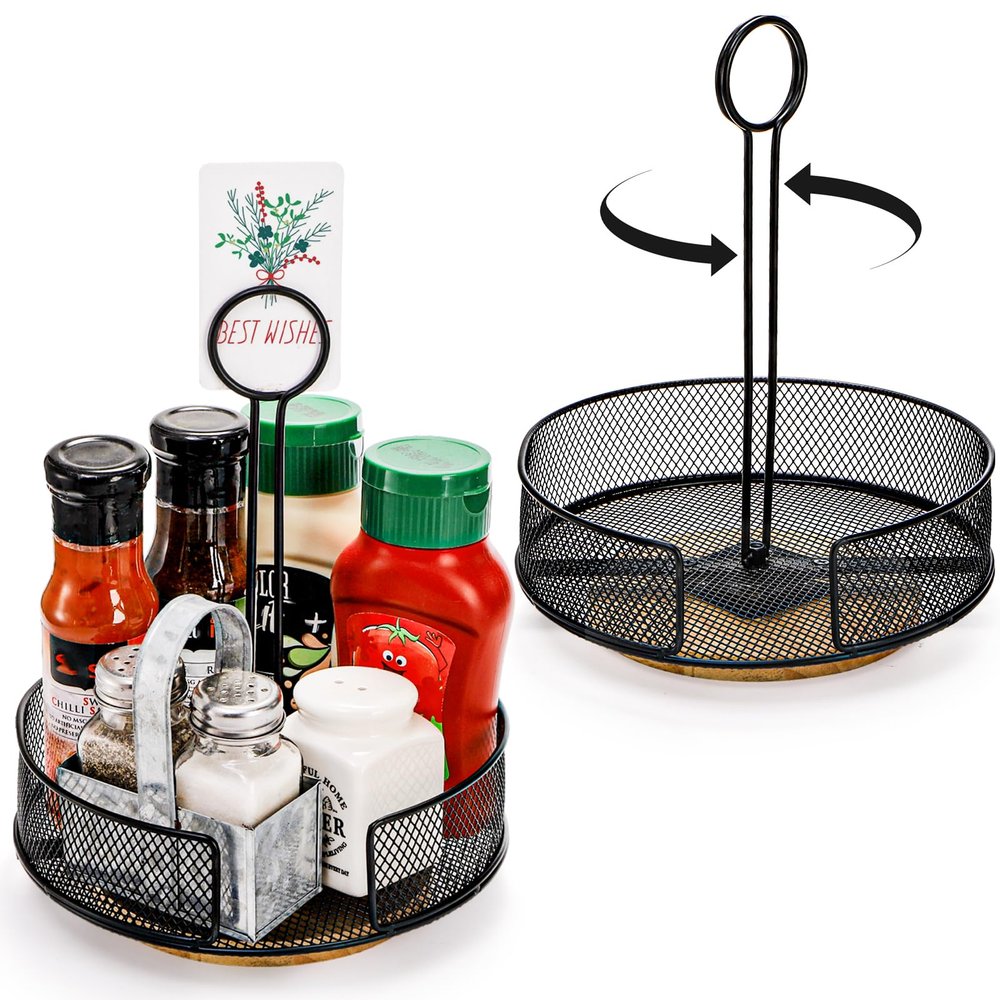 Yesland 2 Pack Metal Rotating Condiment Caddy with Number Card Holder, 7.75 Inch Round Table Caddy with Wooden Base Black Coated Table Caddies Collection for Salt Pepper Ketchup Hot Sauce Mustard