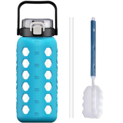 MUKOKO Half Gallon/64 oz Glass Water Bottles with Straw and Lid,Motivational Water Jug with Time Marker Reminder and Silicone Sleeve,100% Leakproof BPA Free Fitness Sports Large Bottle-Teal
