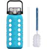 MUKOKO Half Gallon/64 oz Glass Water Bottles with Straw and Lid,Motivational Water Jug with Time Marker Reminder and Silicone Sleeve,100% Leakproof BPA Free Fitness Sports Large Bottle-Teal view 1