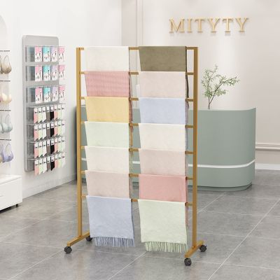 Scarf Organizer Floor Standing Scarf Hangers Stand Organiser with Wheels, Stylish Heavy Duty Store Scarf Display Rack for Shawl Belt Towel Hat, Rustproof ( Color : Gold , Size : 100cm x 40cm x 145cm )
