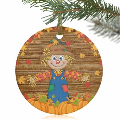 2022 Christmas Tree Hanging Ornaments, Fall Farm Scarecrow 3" Round Double-Sided Ceramic Ornaments Christmas Keepsake Gifts Decor Pumpkin Maple Leaves Wood Grain