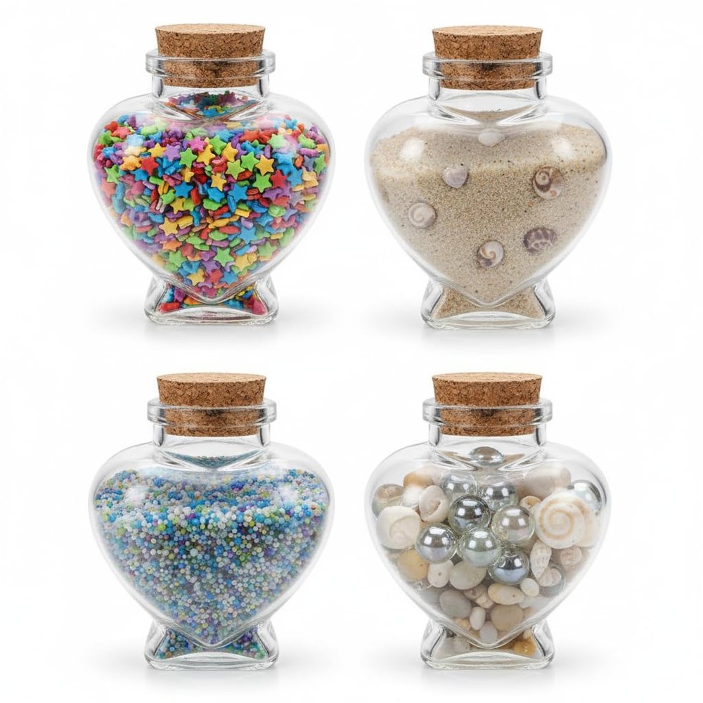 SUPVOX 4pcs Heart Shaped Glass Wish Bottles with Cork Lids, 5.4oz Keepsake Jars for Honeymoon Sand, Wedding, Anniversary, Home Decor