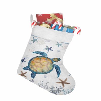 Christmas Stockings, Ocean Turtle Christmas Ornaments Large Hanging Stockings Faux Fur, Beach Nautical Coastal Blue Starfish Shell Coral Christmas Stocking for Xmas Tree Fireplace Decorations 18"x12"