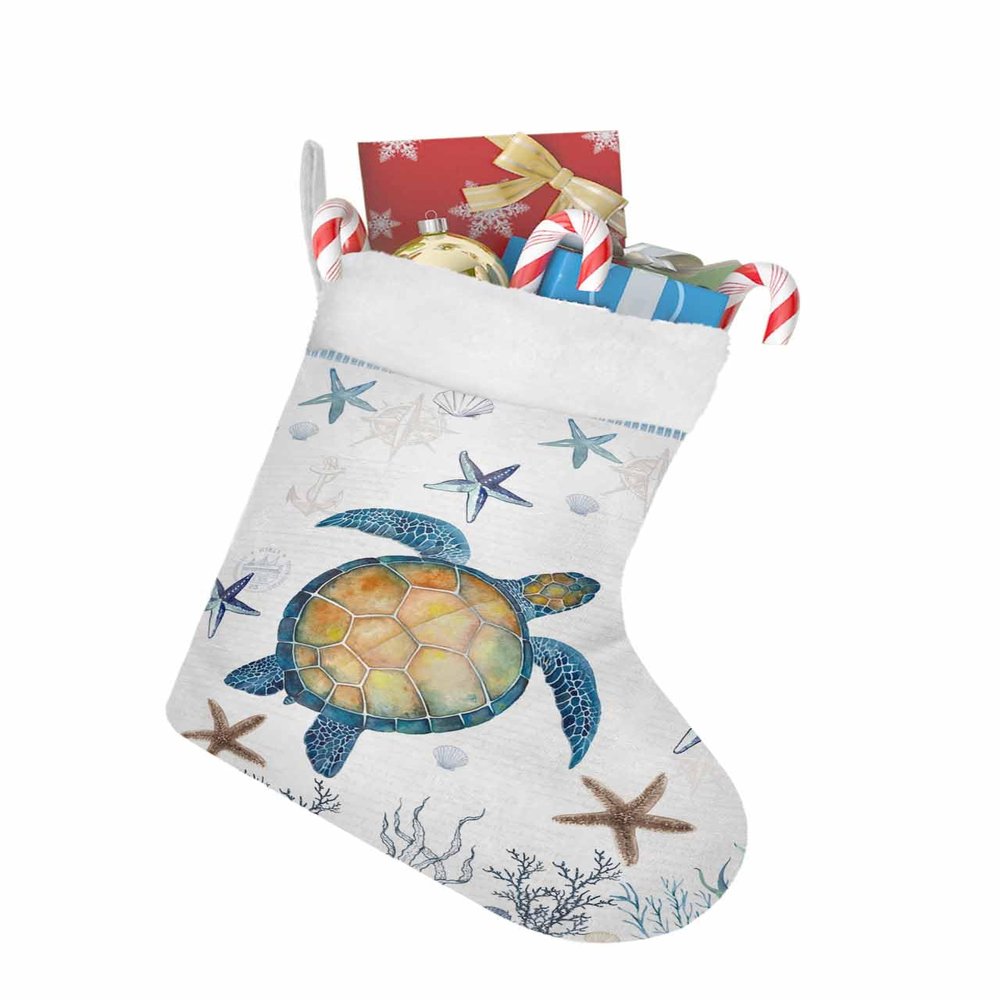 Christmas Stockings, Ocean Turtle Christmas Ornaments Large Hanging Stockings Faux Fur, Beach Nautical Coastal Blue Starfish Shell Coral Christmas Stocking for Xmas Tree Fireplace Decorations 18"x12"