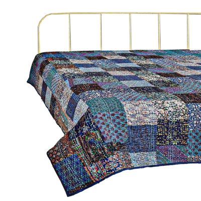 Bohemian Patchwork Kantha Quilt, Boho King Size Bedding Throw Blanket, Patola Silk Patch Work Kantha Quilt, Handmade Kantha Bedcover (Blue, 108"x 108" Inch)