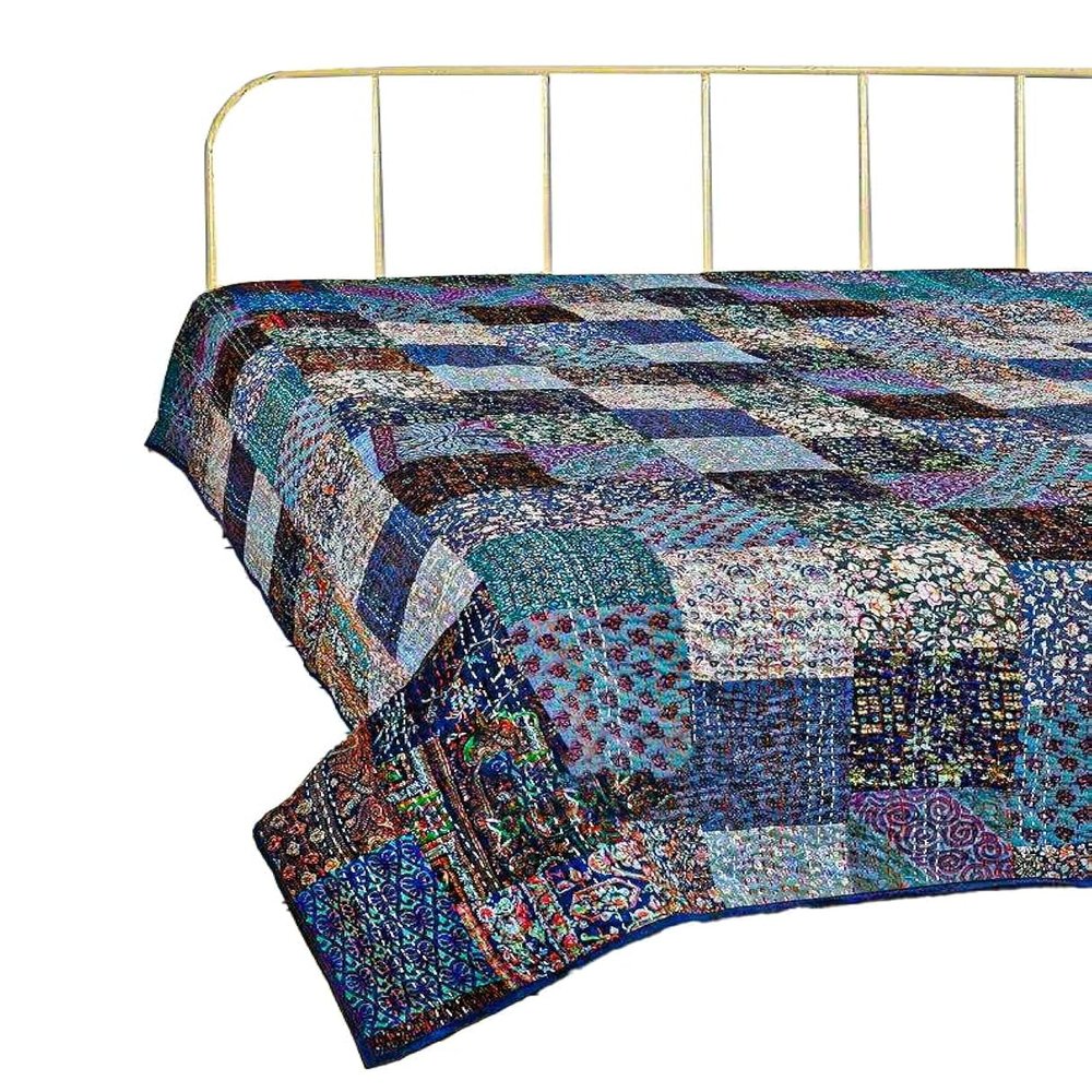 Bohemian Patchwork Kantha Quilt, Boho King Size Bedding Throw Blanket, Patola Silk Patch Work Kantha Quilt, Handmade Kantha Bedcover (Blue, 108"x 108" Inch)