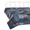 Bohemian Patchwork Kantha Quilt, Boho King Size Bedding Throw Blanket, Patola Silk Patch Work Kantha Quilt, Handmade Kantha Bedcover (Blue, 108"x 108" Inch) view 2