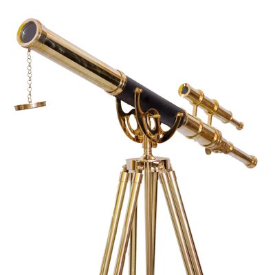 Vintage Double Barrel Telescope 39'' Shiny Brass Anchor Master with Adjustable Wooden/Brass Tripod Floor Standing Black Leather Collectible Telescopic