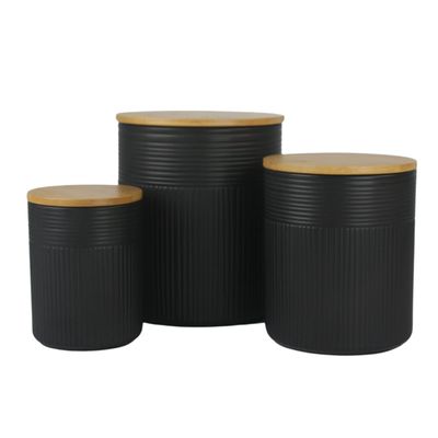 10 Strawberry Street Luca Matte Black Embossed Ceramic Kitchen Canister Set, Set of 3, Bamboo Lids