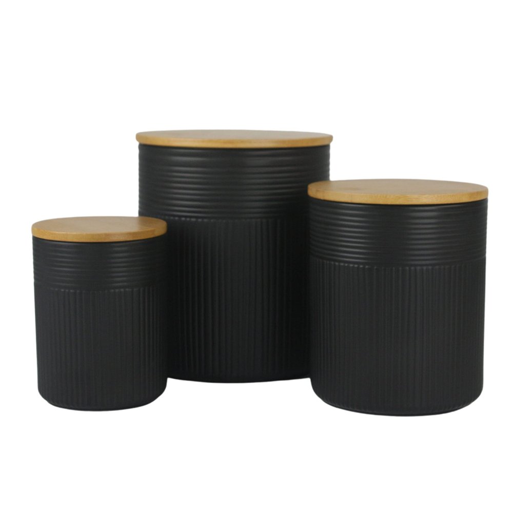 10 Strawberry Street Luca Matte Black Embossed Ceramic Kitchen Canister Set, Set of 3, Bamboo Lids