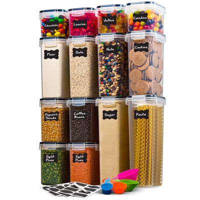 14 Pack Airtight Food Storage Container Set - BPA Free Clear Plastic Kitchen and Pantry Organization Canisters with Durable Lids for Cereal, Dry Food Flour & Sugar - Labels, Marker & Spoon Set