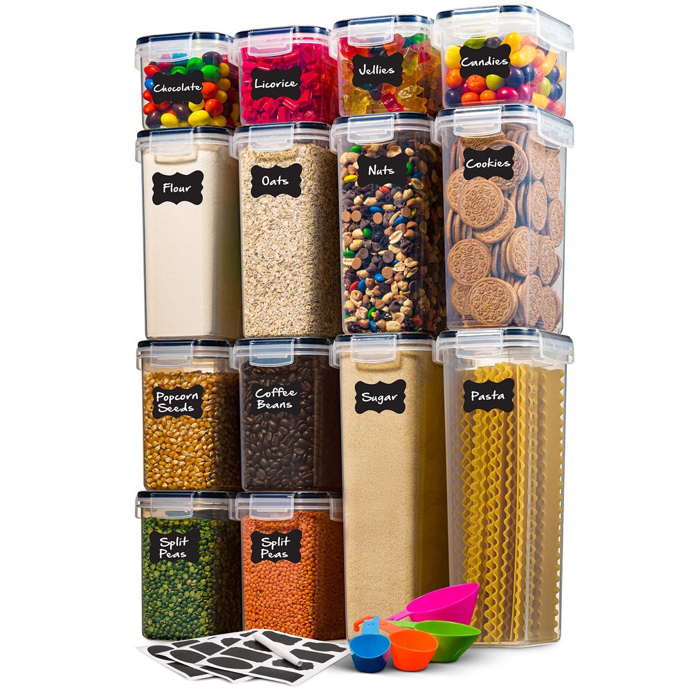 14 Pack Airtight Food Storage Container Set - BPA Free Clear Plastic Kitchen and Pantry Organization Canisters with Durable Lids for Cereal, Dry Food Flour & Sugar - Labels, Marker & Spoon Set