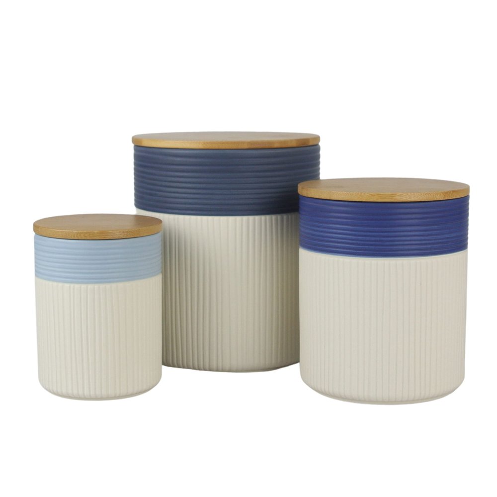 10 Strawberry Street Luca Ombre Embossed Ceramic Kitchen Canister Set, Set of 3, Matte Blue/White, Bamboo Lids