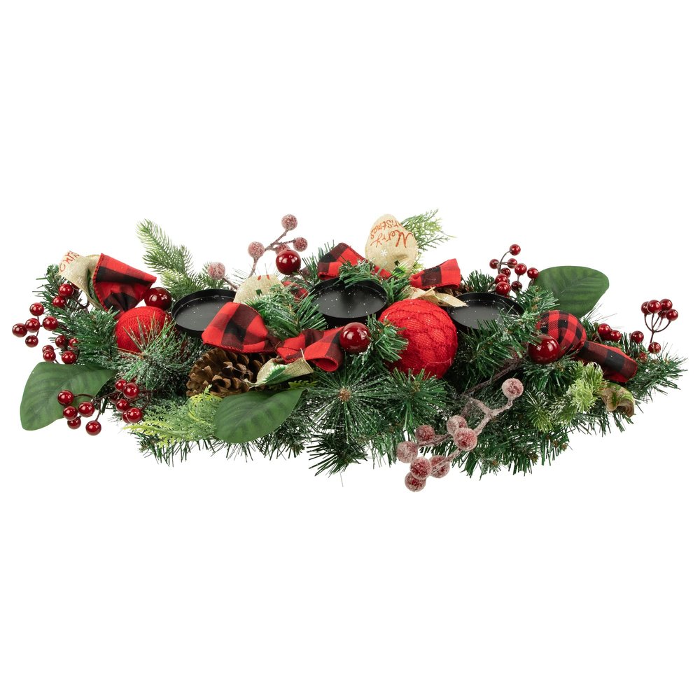 Northlight Pine Triple Candle Holder with Bows and Plaid Christmas Ornaments, 30", Green