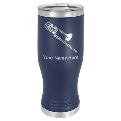 LaserGram 14oz Vacuum Insulated Pilsner Mug, Trombone, Personalized Engraving Included (Navy Blue)